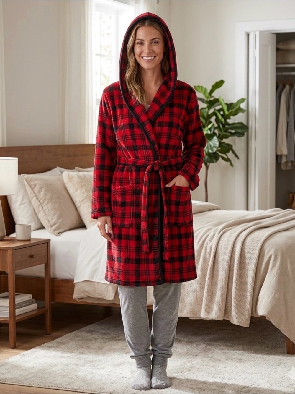 Red Plaid Hooded Fleece Robe Housecoat Cozy Winter Loungewear Size - Size Small